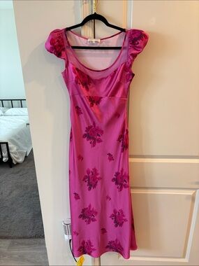 LoveShackFancy Pink Floral Satin Midi Dress